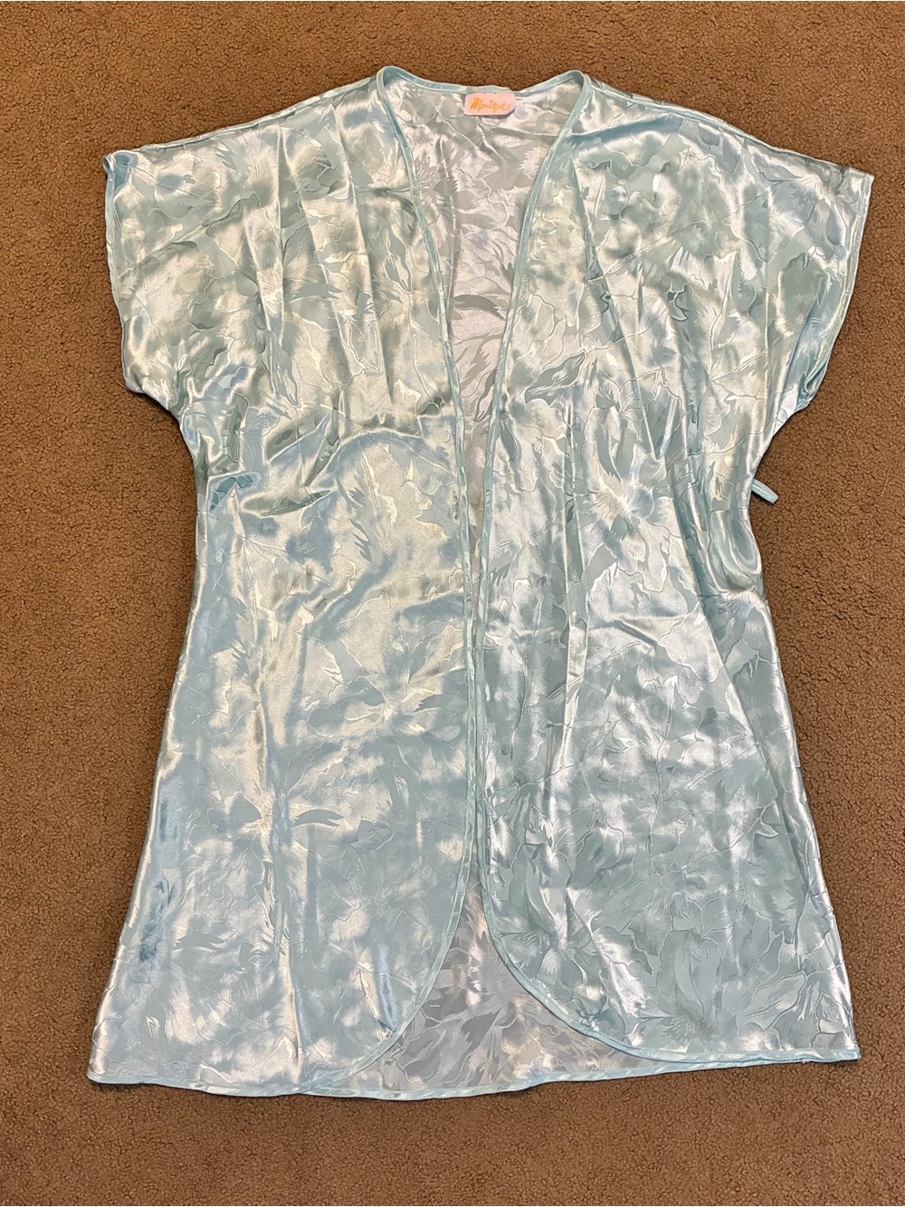 Vintage Monique Women’s Small Satin Robe Teal Blue Nylon Lingerie No Belt